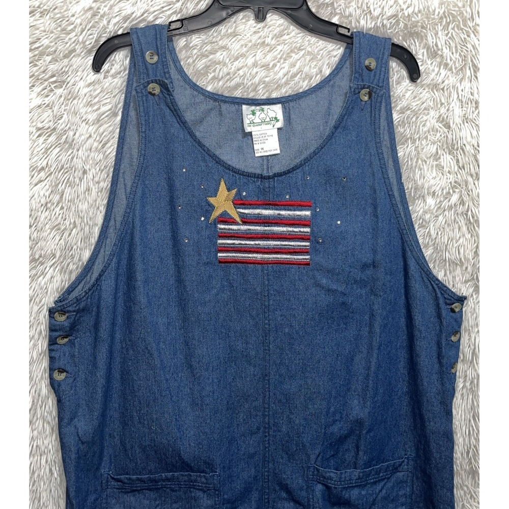 Quacker Factory Denim Midi‎ Dress Womens 1X Blue Cotton Pockets Flag Applique - Picture 6 of 10